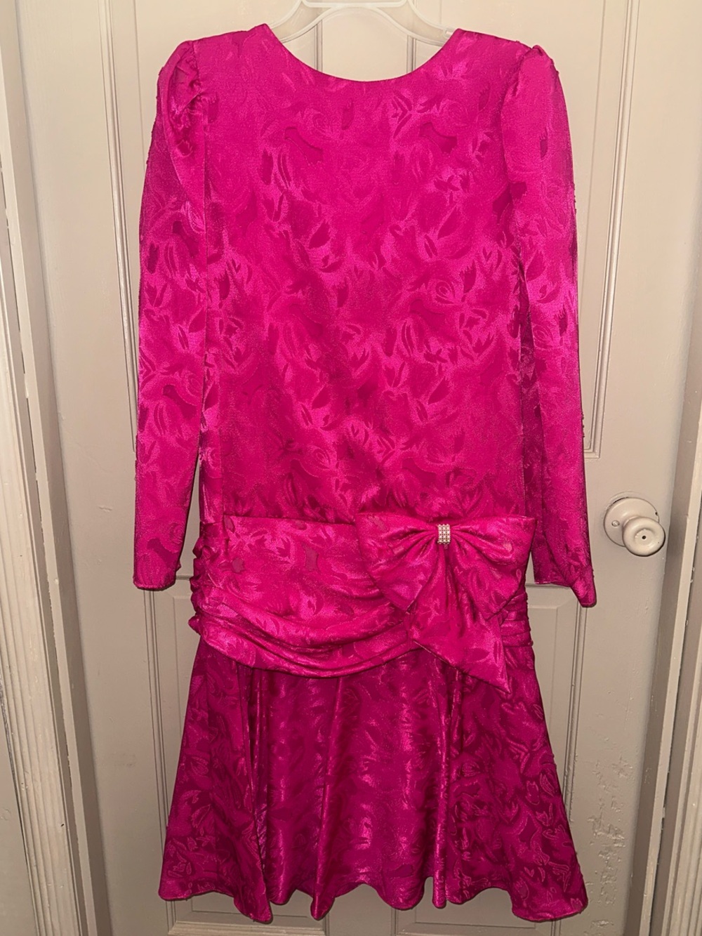 Vintage After Dark Neon Pink Jacquard Bow Party Dress 80s 90s Shoulder Pads